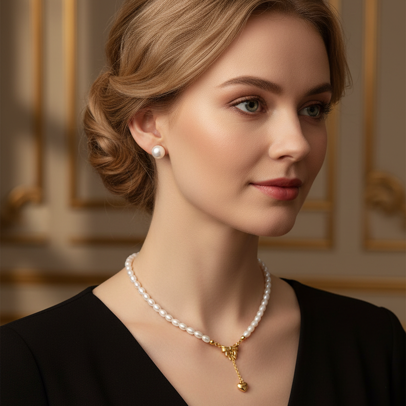 Ženski model nosi prefinjeno biserno ogrlico z detajlom zlate pentlje in visečim srčkom ter majhne biserne uhane. Čudovit modni dodatek in popolno darilo za njo."